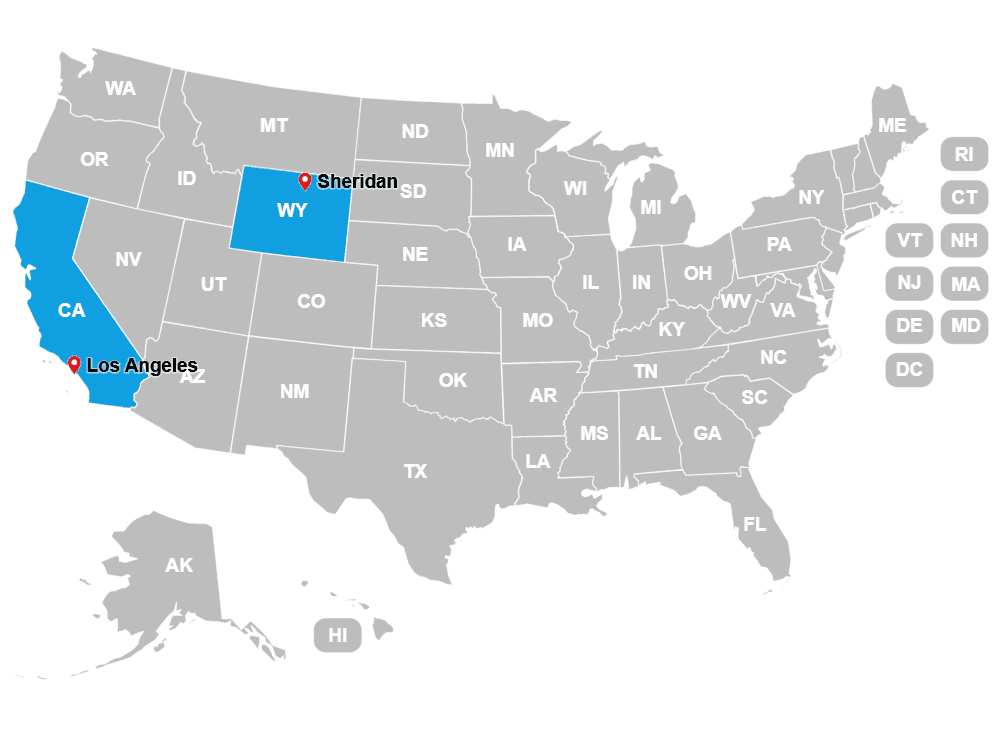 Map showing SMBPulse service hubs in Sheridan, Wyoming and Los Angeles, California