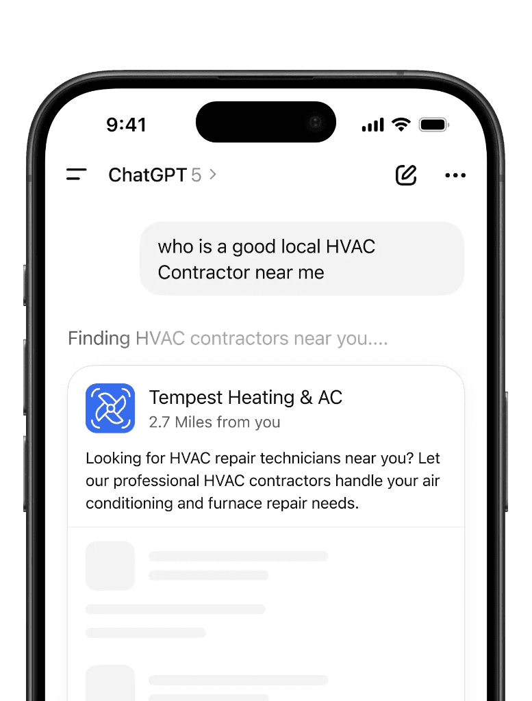 ChatGPT-style sponsored local business recommendation mockup