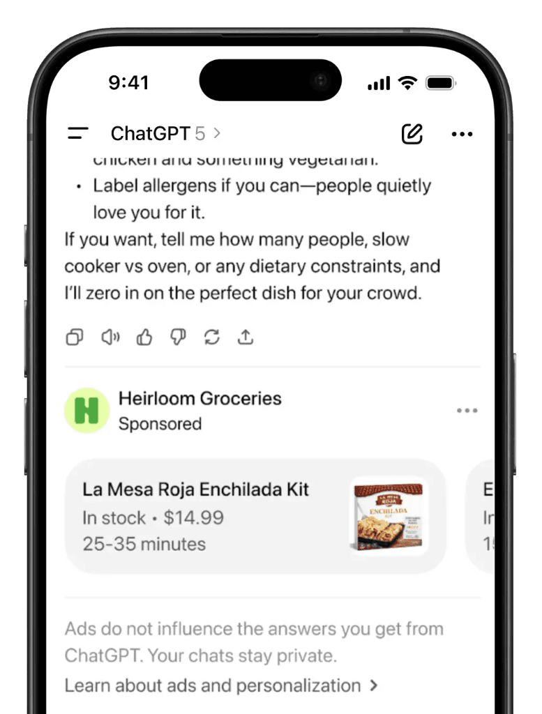 ChatGPT sponsored product carousel for Heirloom Groceries