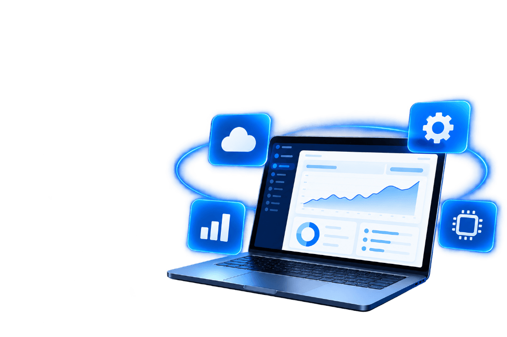 Laptop dashboard with cloud, analytics, AI, and operations icons