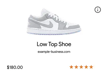 Product shopping card for a low top shoe with price and rating