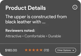 Product details card with reviews, price, and rating