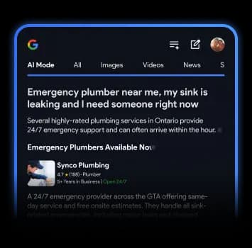 Google AI Mode result recommending an emergency plumber for a leaking sink