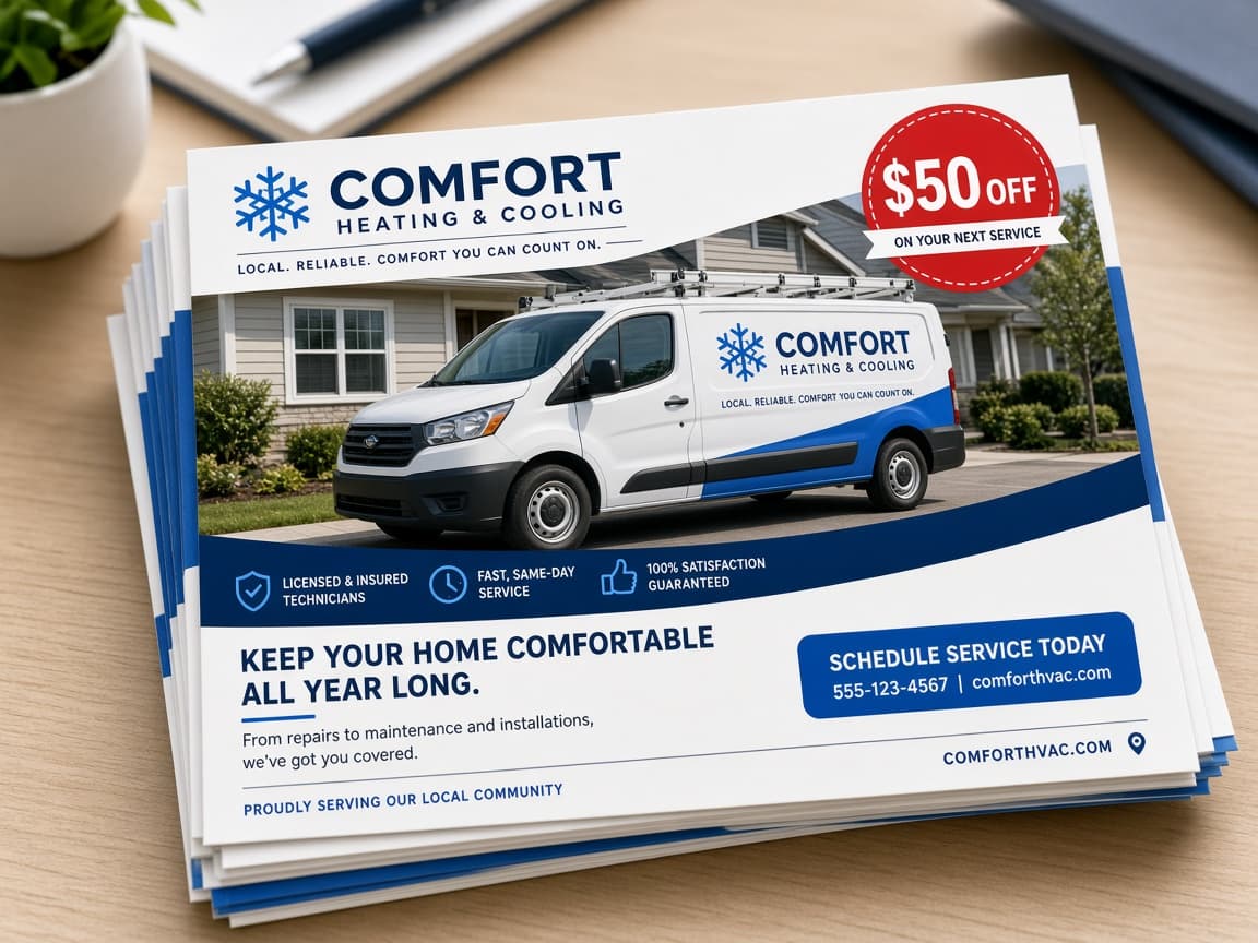 Stack of branded HVAC direct mail postcards with a discount offer