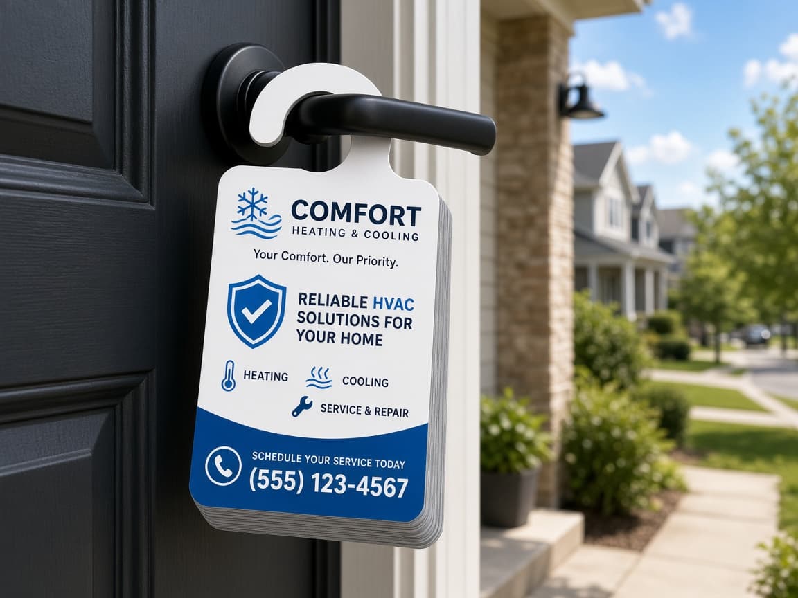 Branded HVAC door hangers hanging on a suburban front door