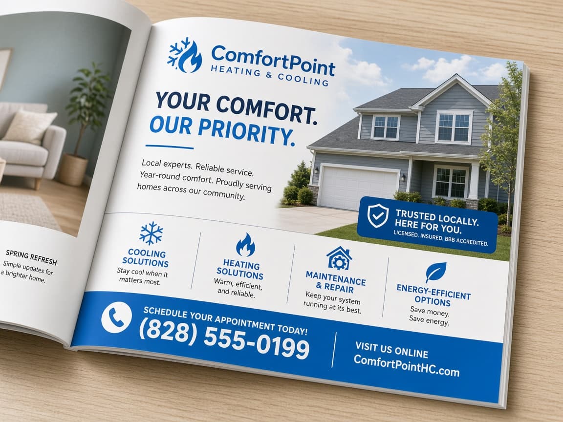 Local home magazine open to a full-page HVAC print advertisement