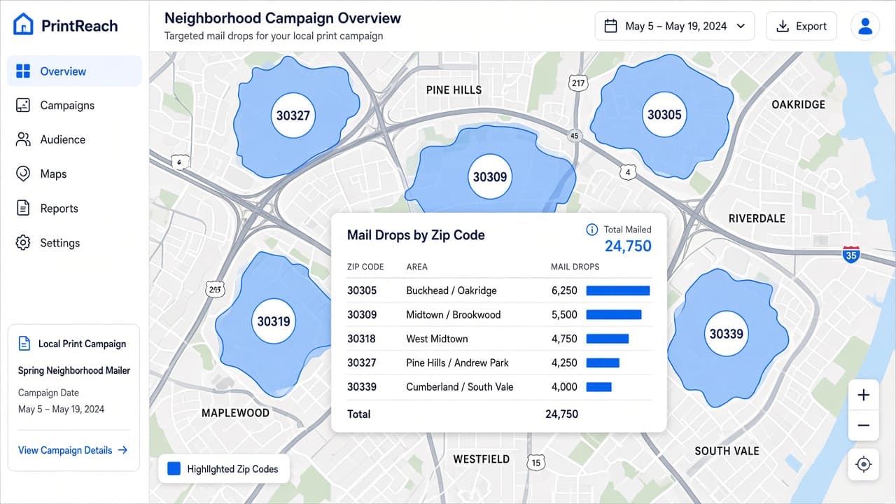 Print campaign targeting dashboard with zip code mail drop counts on a neighborhood map
