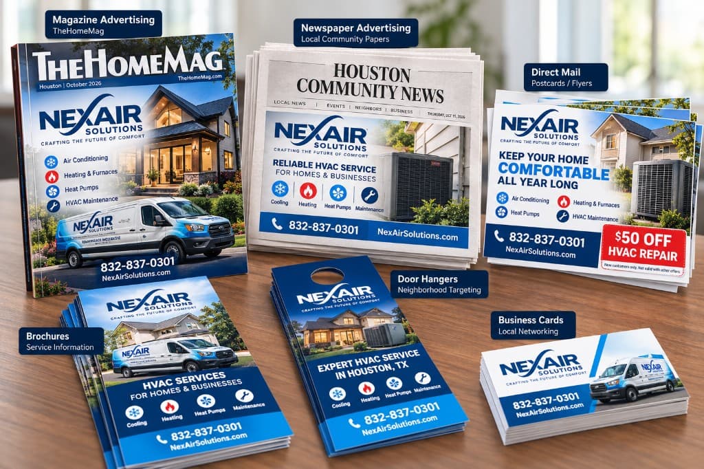 Print advertising suite with magazine ad, newspaper, postcards, brochures, and door hangers