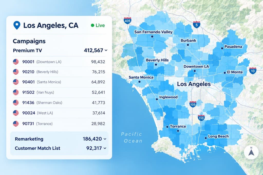 SMBPulse Solutions live Premium TV targeting dashboard with Los Angeles zip code heatmap