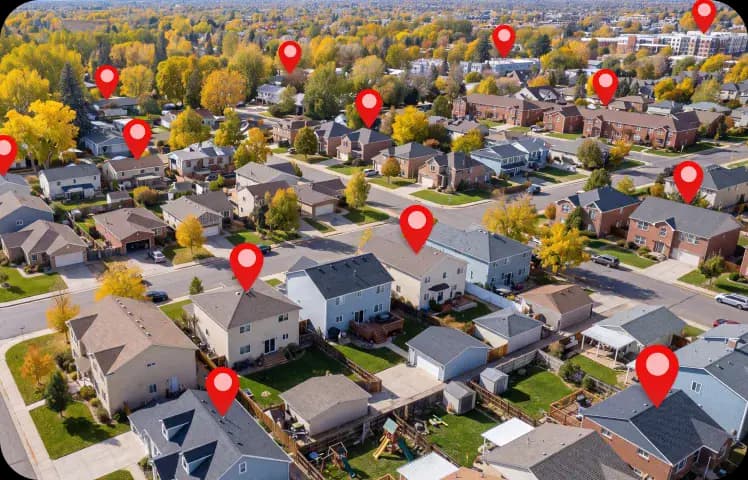 Aerial neighborhood map with household targeting pins
