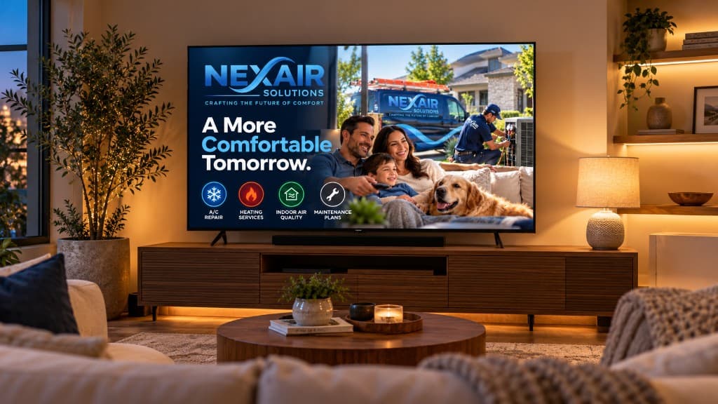 Living room TV showing a local HVAC commercial