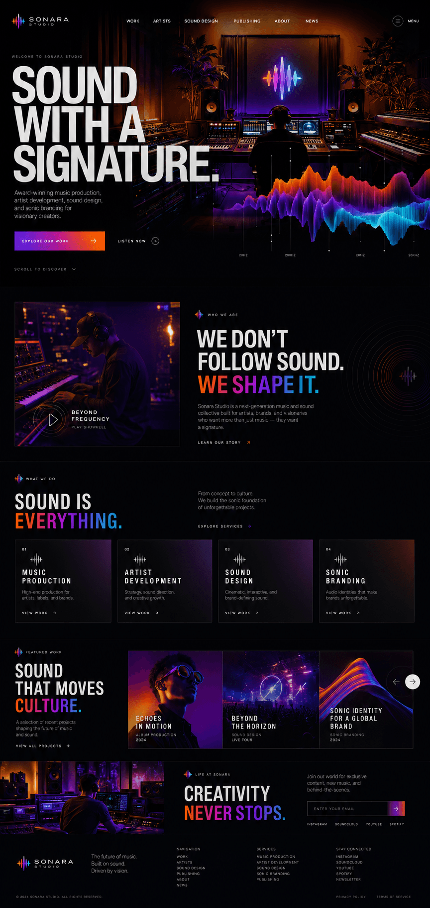 Music studio website concept: Sonara Studio