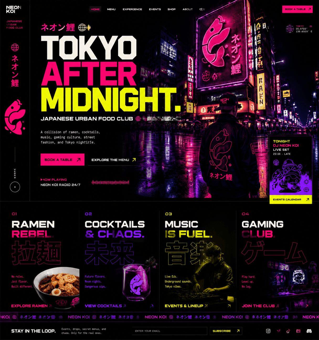 Japanese restaurant website concept: Neon Koi