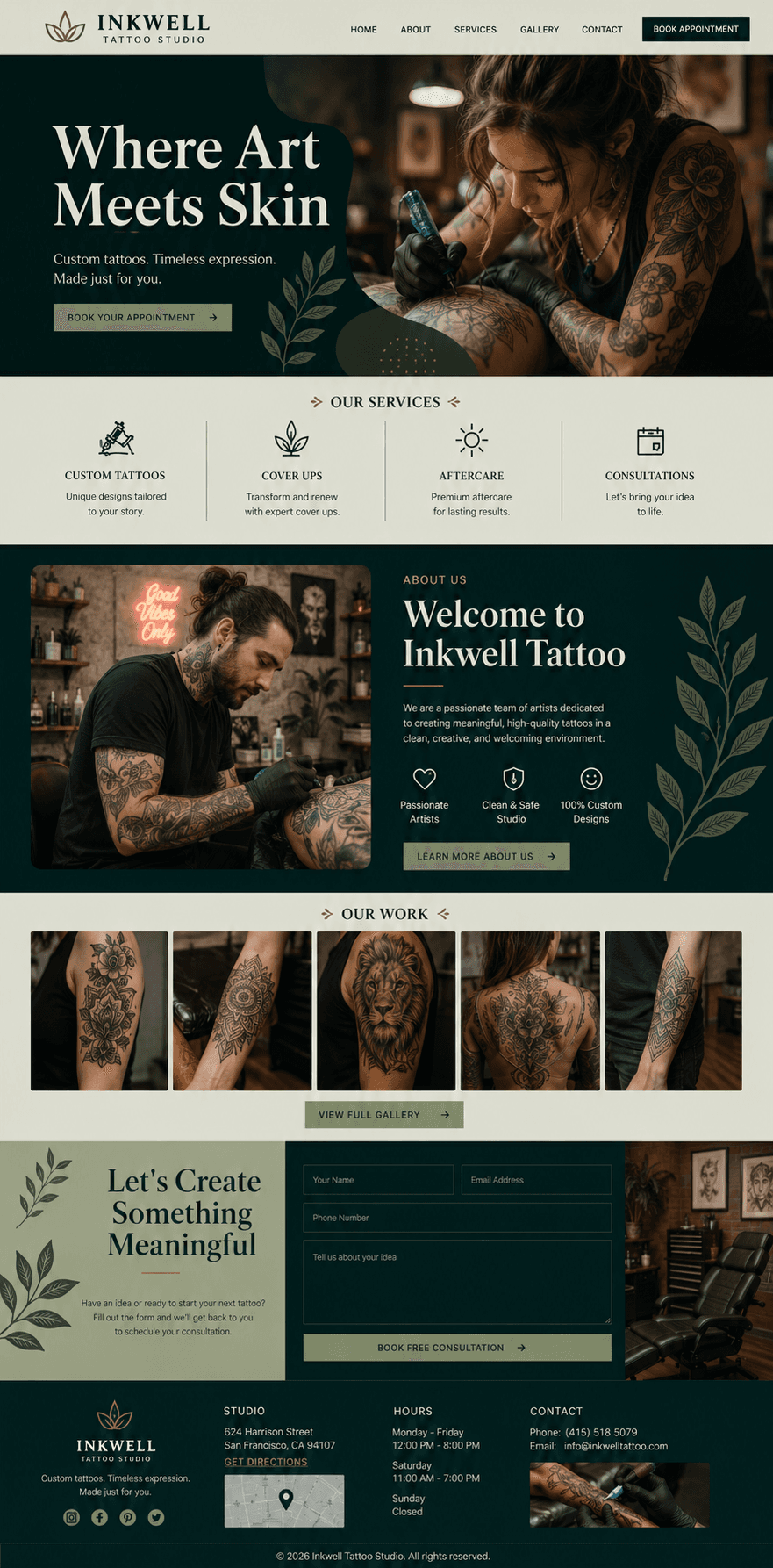 Tattoo studio website concept: Inkwell Tattoo Studio